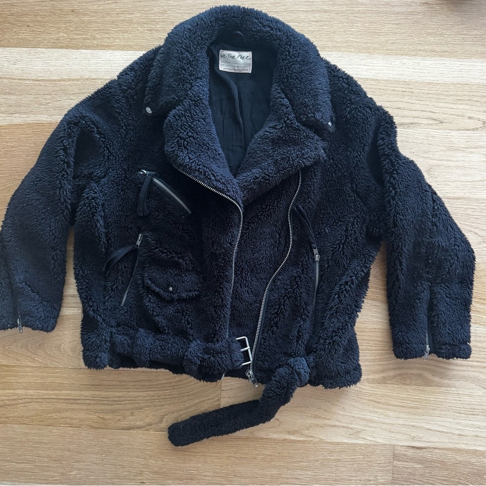 Free People So Cozy slouchy moto black fleece teddy jacket size Small - Picture 8 of 13